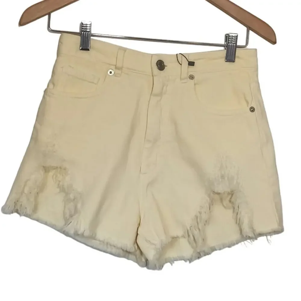 ZARA Distressed High Waisted Shorts Butter Yellow Womens 4